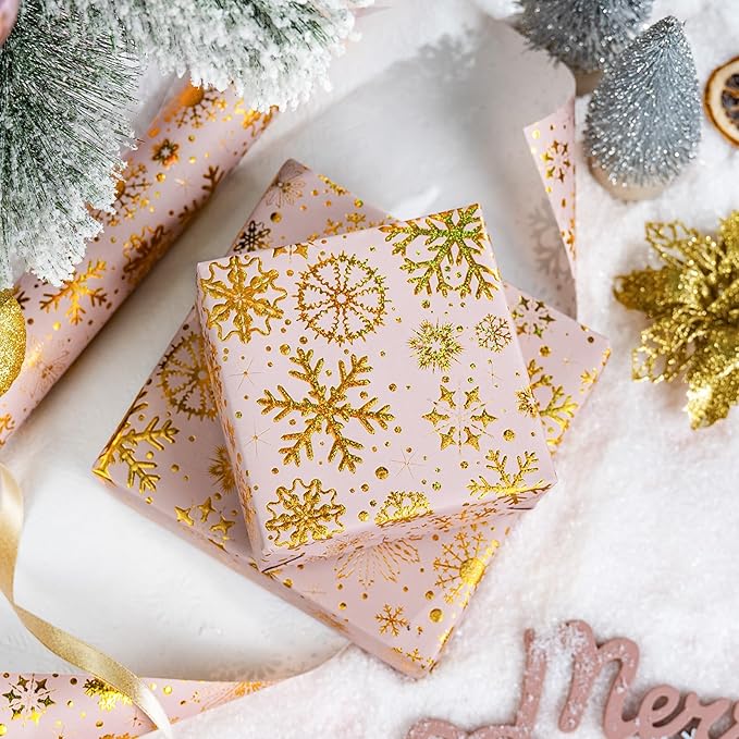 Flyhill Kraft Christmas Wrapping Paper,Snowflake Metallic Gold Embossed Foil Gift Wrap Roll, Pink and Gold Luxury Design for Holiday, Party,Celebration, New Year (17 Inch X 32.8 Feet)