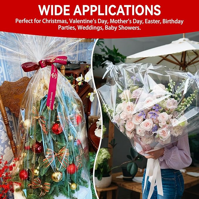 Ohuimrt 40 x 50 Inch Extra Large Cellophane Gift Bags, 6 PCS Jumbo Clear Plastic Cellophane Wrap for Gift Baskets Baby Shower Birthday Wedding Party favor
