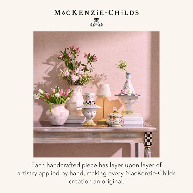MACKENZIE-CHILDS Pedestal Vase, Decorative Centerpiece and Flower Holder, Pink-and-White Rosy Check