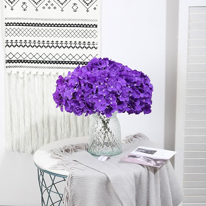 Fake Purple Hydrangea Artificial Flowers - Faux Silk Hydrangeas Flowers Heads with Stems Real Touch for Home Wedding Party Table Decor(Purple,Pack of 10)