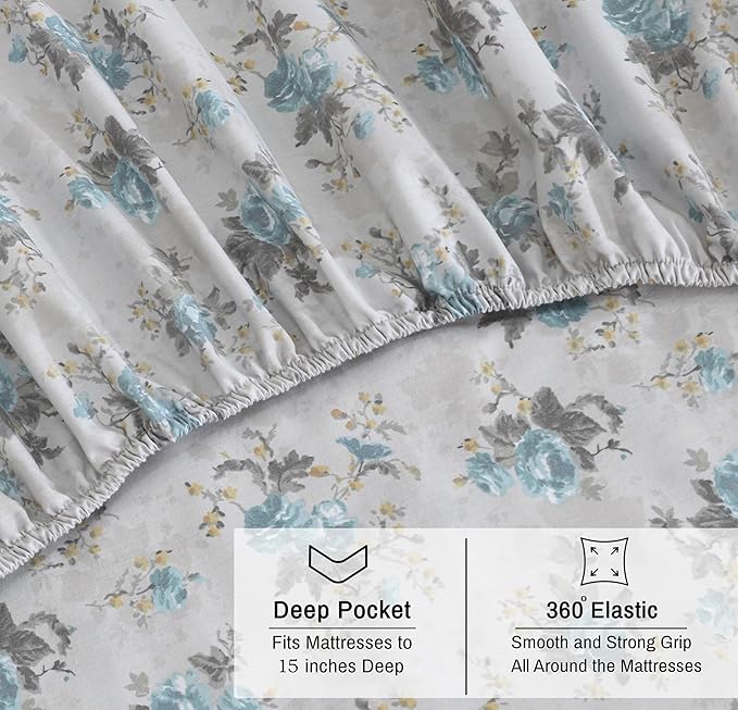 RUVANTI 100% Organic Cotton Sheets Split King, Percale Weave, GOTS Certified, 5-Piece Set, Deep Pocket 15", Crisp & Breathable, Soft Durable Bedding, Sábanas Algodón Orgánico – Blue Rose