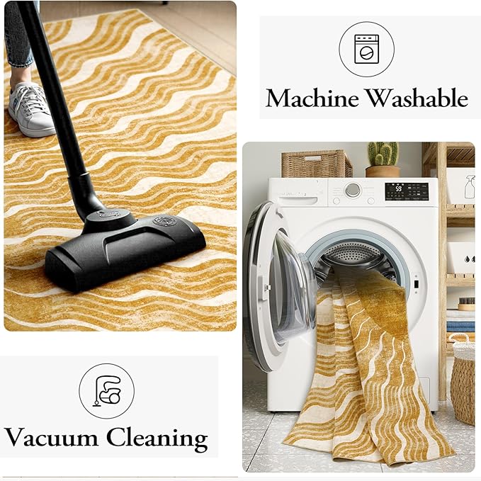 Hedlive Boho Washable Rugs 5x7, Sun Print Soft Nursery Rug for Bedroom Classroom, Ultra-Thin Non Slip Stain Resistant Kids Carpet for Living Room Office(5'x 7',Gold/Multi)
