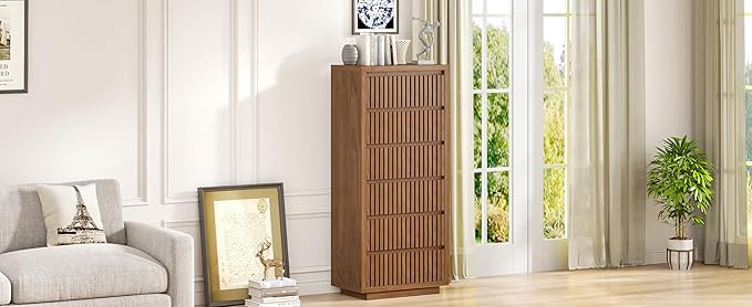 Fluted Tall 6 Drawer Dresser, Mid Century Dresser for Bedroom, 45 Inch Wood Chest of Drawers, Modern Closet Clothes Organizer, Walnut Wooden Storage for Living Room, Brown