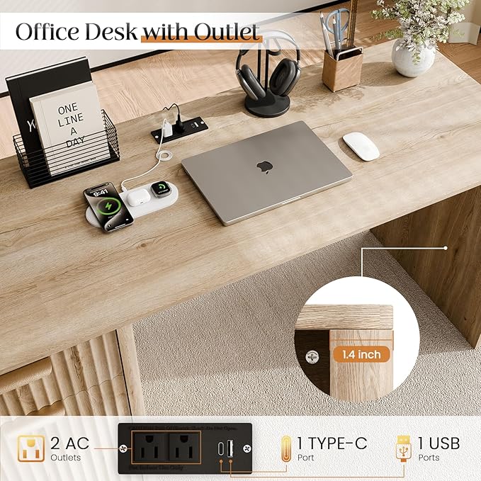 60" Fluted Home Office Desks with Storage, Modern Executive Desk Computer Desk with Drawer & Cabinet, Wood Work Desk for Office, Bedroom, Study, Living Room, Oak