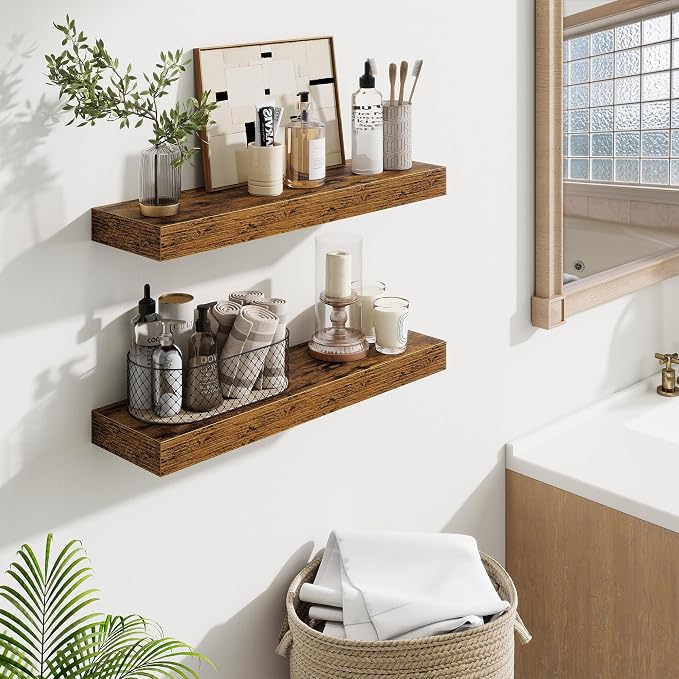 Fun Memories Floating Shelves Set of 2, 24 Inch Floating Shelves for Wall, Wood Wall Shelves with Invisible Brackets, for Bathroom, Bedroom, Living Room, Kitchen, Rustic Brown