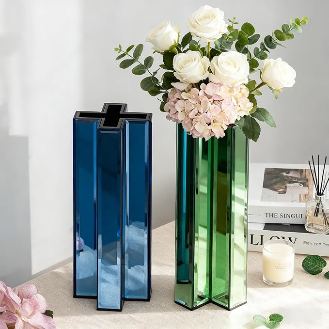 SHYFOY Blue Mirrored Vase - 12 Inch Tall Cross-Shaped Decorative Glass Flower Vases for Home Decor, Living Room Table Kitchen Fireplace Decor - Can’t Hold Water