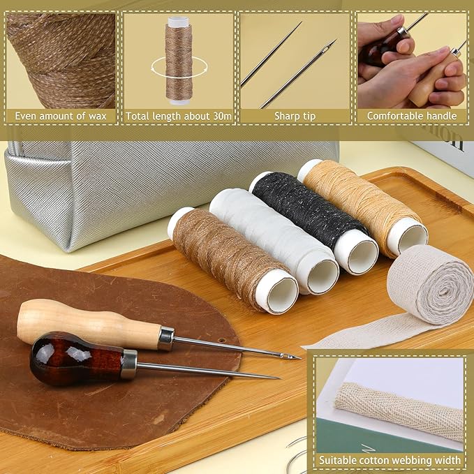 Jupean Book Binding Kits Bookbinding Kits Bookbinding Supplies Book Binding Materials with Bone Folder Tool, Sewing Awl, Webbing Strap, Storage Box