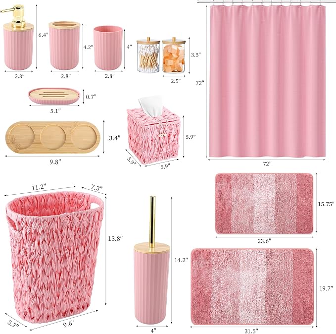 Bathroom Accessories Set, 25PCS Wicker Bathroom Accessory Set with Shower Curtain, Bath Mat, Soap Dispenser, Handwoven Trash Can & Rattan Tissue Box (Pink, Bath Set+Shower Curtain+Rugs)