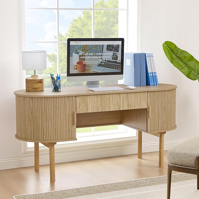 Executive Office Desk with Storage, 63 Inch Large Computer Workstation Desk with Drawer and File Cabinets, Mid Century Modern Fluted Wood Writing Desk for Home Office, Study Room, Living Room, Natural