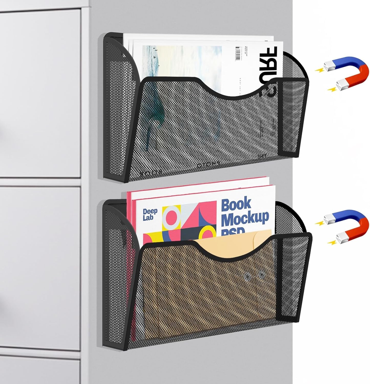 Skiennix Magnetic File Holder - 2 Pocket Organizer for Office & Home | No Drilling, White