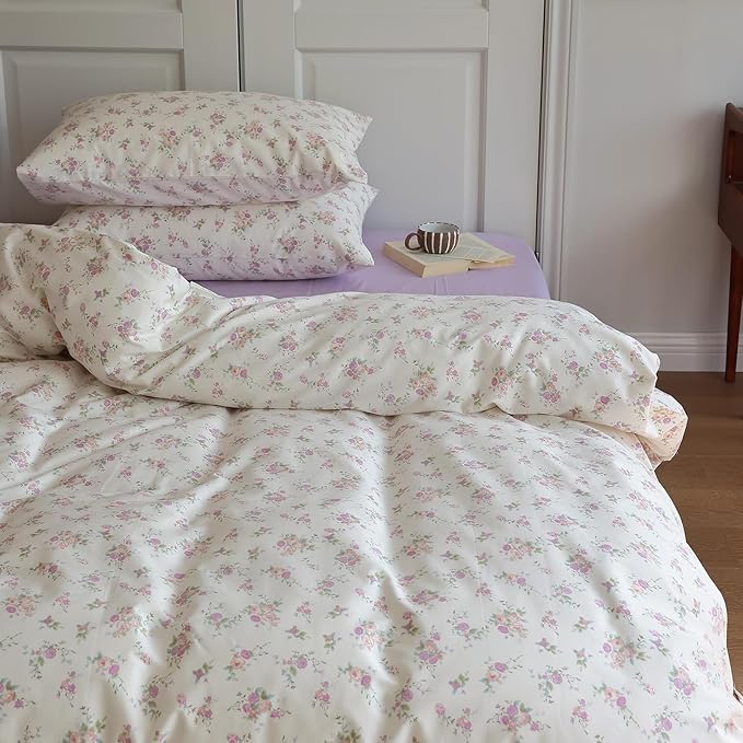 EAVD Garden Purple Pink Floral Duvet Cover Full Soft Cotton Chic Shabby Cute Floral Pattern Bedding Set with 2 Pillowcases Reversible Botanical Floral Comforter Cover with Zipper Closure