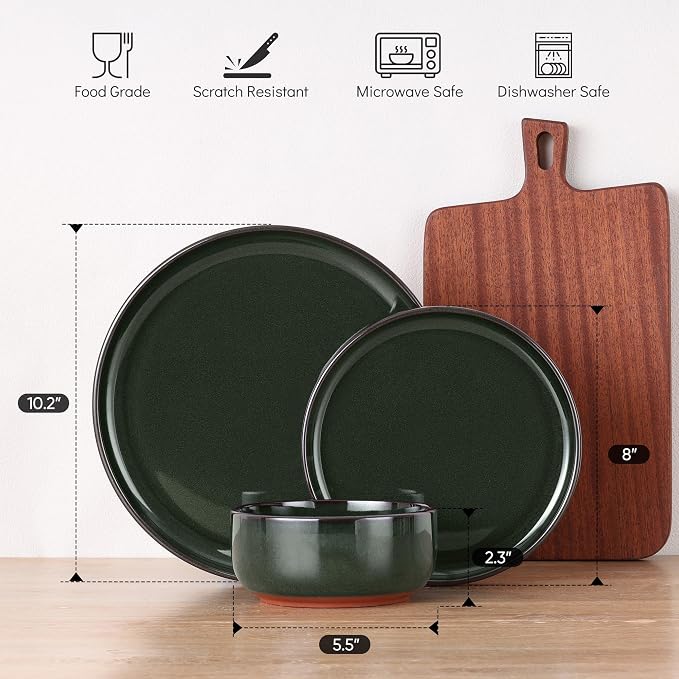 E-far Stoneware Dinnerware Sets for 2, 6 Pieces Reactive Glaze Plates and Bowls Sets, Elegant Dishes with Rustic Terracotta Base, Dishwasher & Microwave Safe, Scratch Resistant, Blackish Green