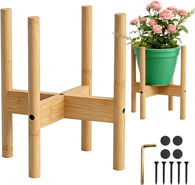 ALIGADO Bamboo Plant Stand Indoor, for Up to 12 Inch Pots, Built to Fit Corners, Sturdy & Stable Design, Natural Wood Color