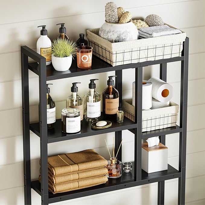 Asgolion Over The Toilet Storage Rack, 3-Tier Bathroom Organizer Over Toilet, Wooden Above Toilet Storage Shelf, Space Saver, Freestanding Bathroom Storage Metal Shelf, Easy to Assemble, Black