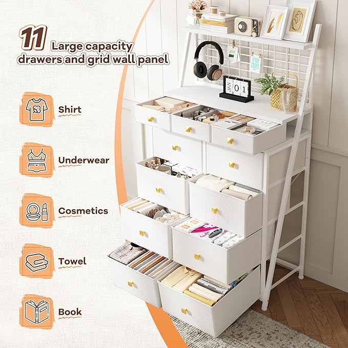 51" H Dresser for Bedroom with LED, 11 Drawer Dresser with Wire Grid Panels & Open Shelves for Entryway, Dorm, White+Gold, 11.8" D x 33.9" W x 51.2" H