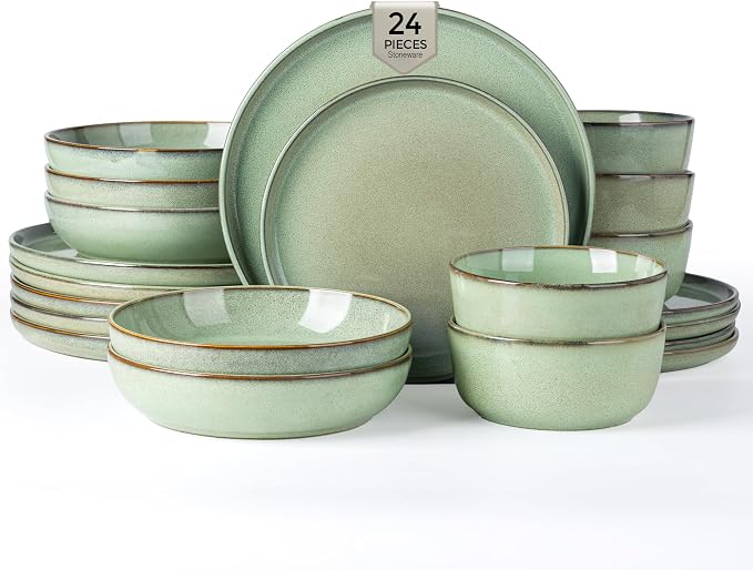 GBHOME 24 Pieces Double Bowls Dinnerware Sets for 6, Stoneware Plates and Bowls Set with Reactive Glaze, Scratch Resistant Stoneware Dishes Set, Dishwasher & Microwave Safe