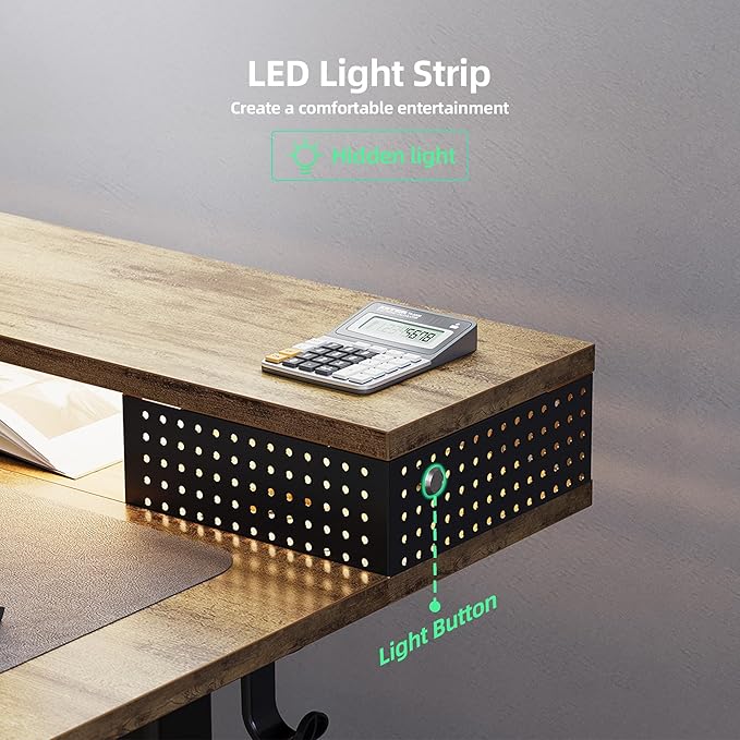 Claiks Electric Standing Desk with Shelf, 48 Inch Height Adjustable Standing Desk with LED Lights & Monitor Stand, Black Frame/Rustic Brown Top