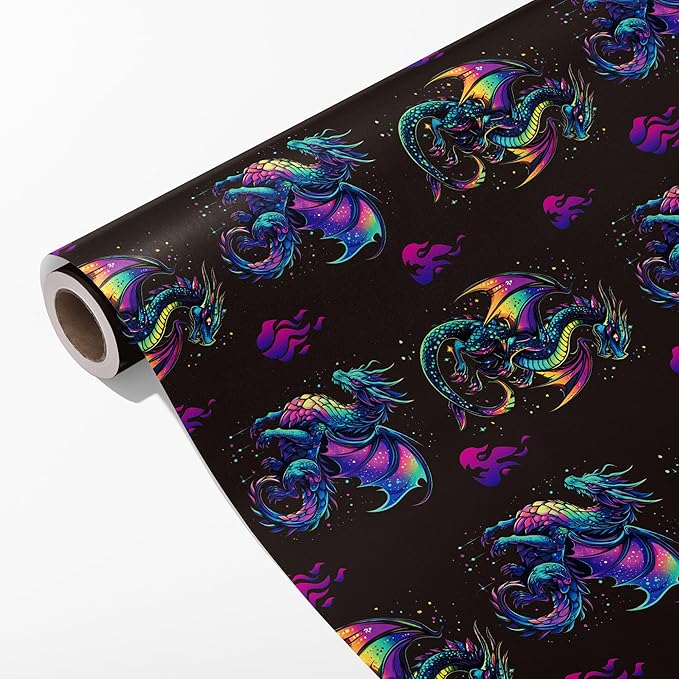 Altarho Dragon Wrapping Paper Roll for Kids Boys Women Men - Neon Dragon Print Mythic Gift Wrap Sheets for Birthday Adult Anime Party Supplies Total 28.5sq.ft