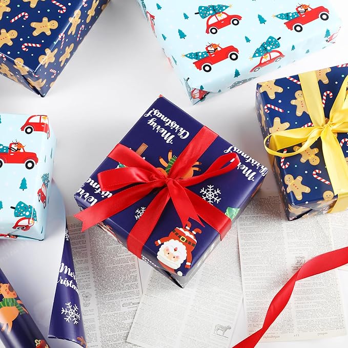 Miss DuiDui Gifts Christmas Wrapping Paper, 3 Rolls, 17 inch x 9.8 feet, Snowflake Trees Gift Design for Kids Boys Girls, Christmas, Party, Holiday