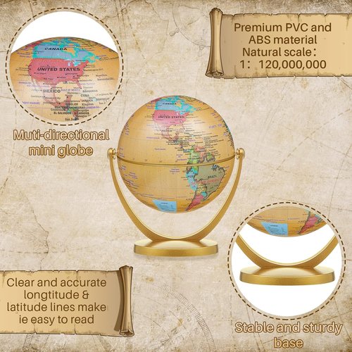 Henoyso Mini Antique World Map Globes - 3 Pcs 4.2-Inch Educational Desk Decor for Kids & Students
