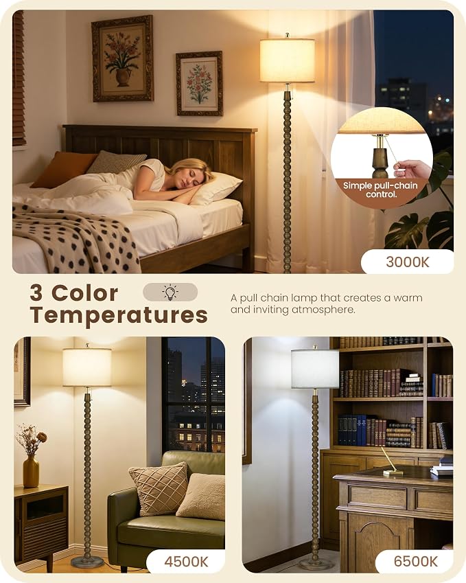 65" Oak Wood Floor Lamps for Living Room with Pull Chain Switch, Adjustable Color Temperatures, Vintage Farmhouse Floor Lamp, Tall Standing Lamp for Bedroom, Entryway, Rustic Brown FE28LD05