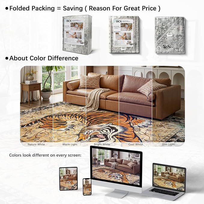 DCX Washable 5x7 Tiger Area Rug, Brown Vintage Animal Rug for Living Room, Soft Low Pile Carpet, Kid & Pet Friendly with Rubber Back Non Slip, Stain Resistant Rug for Bedroom Dining Room Office