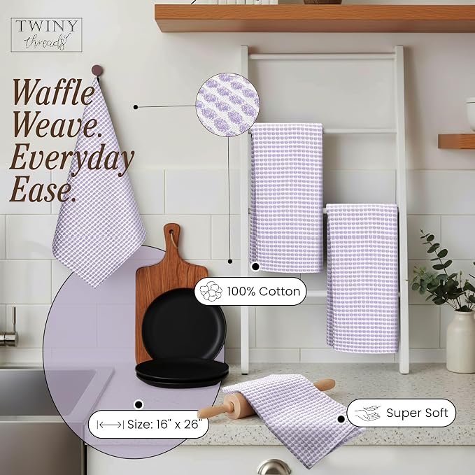 TWINY threads Circle Waffle Kitchen Dish Towels 16x26 Inch, 100% Cotton, Set of 4, Soft, Absorbent, Heavy Duty, Decorative Dishcloth Set, Suitable for Spring Decor, Gifting, Drying Dishes, Lavender