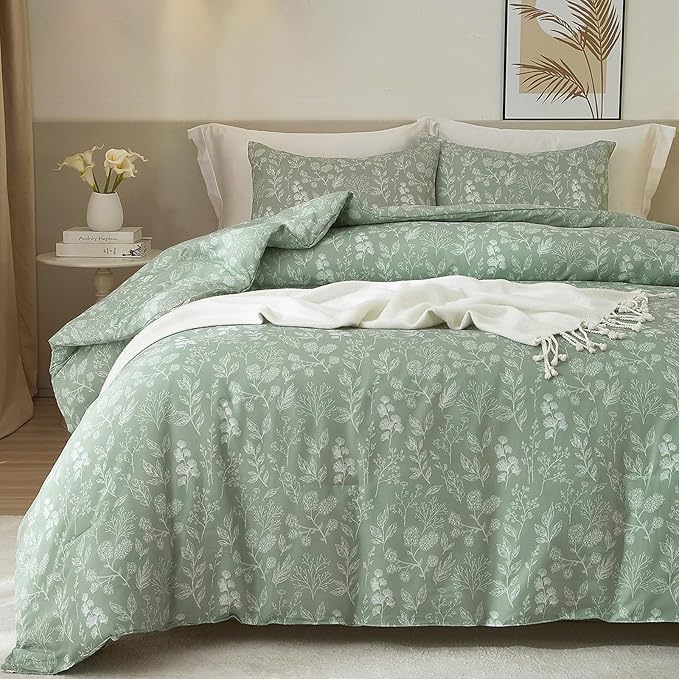 HighBuy Full Size Comforter Set for Girls Cozy Soft Sage Green Full Bedding Comforter Floral Boho Comforter Set 3 Piece Kids Girls Bedding Fluffy Comforter Lightweight with 2 Pillowcases