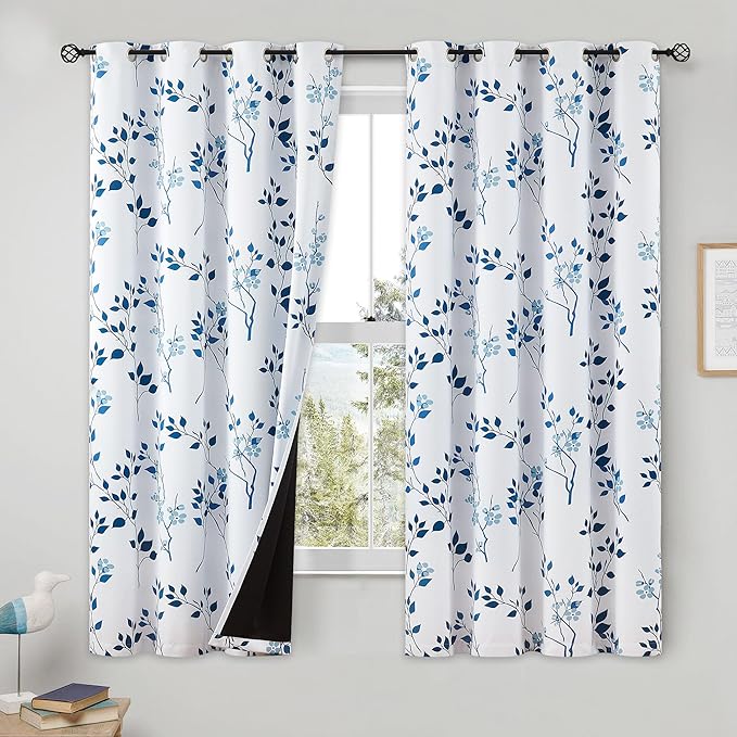 Beauoop Floral 100% Blackout Curtains 54 Inch Length 2 Panels for Bedroom Living Room Navy Blue and White Flower Patterned Room Darkening Thermal Soundproof Grommet Window Treatments Drapes, 52X54