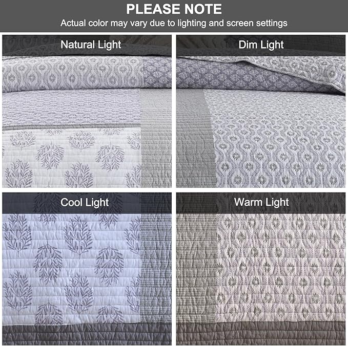 PANGUSHAN Quilt Set King Size, 100% Cotton Bedspread Quilt Bedding Set, Patchwork Reversible Floral Quilt for King Bed, Purple/Grey/White Bed Spread, Lightweight Comforter for All Season, 3 Pieces