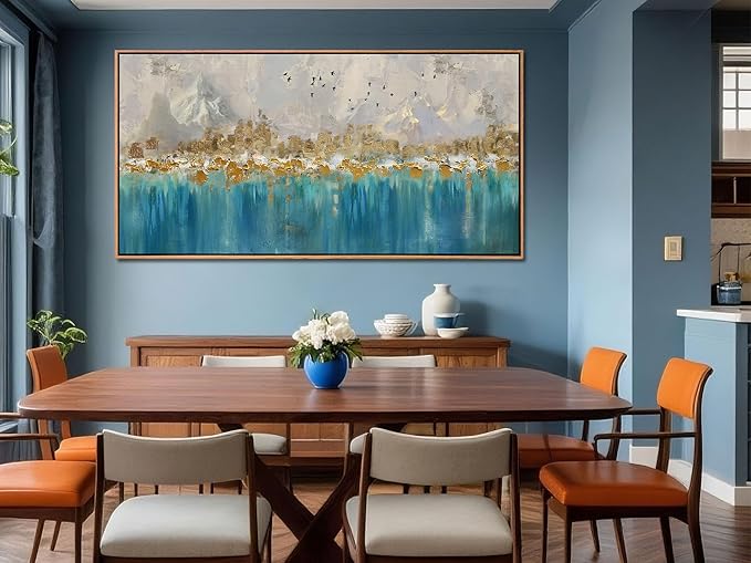 Arjun Framed Abstract Wall Art for Living Room Gold Blue Textured Large Canvas Art Wall Decor Bedroom Painting, Modern Picture Grey Mountain Artwork Home Office Wall Decoration, 48"x24"