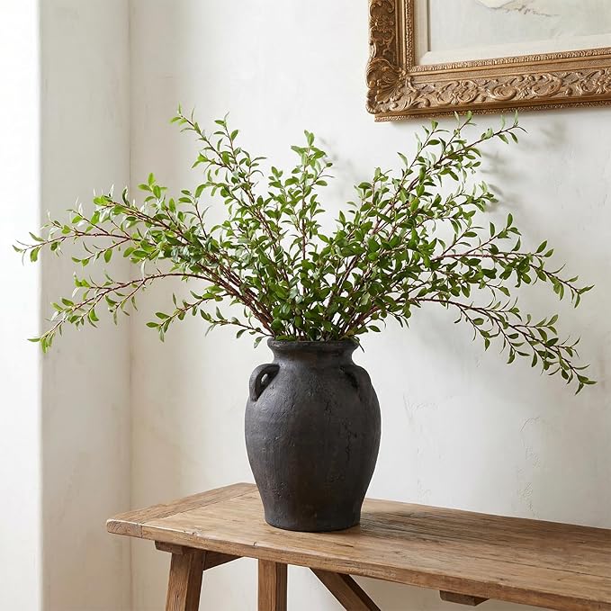 Rustic Matte Black Ceramic Vases, 9.5" H Handmade Distressed Terracotta Vases with 3 Ear, Large Decorative Farmhouse Pottery Vase Home Decor for Table Fireplace Entryway Shelf (Dark Charcoal Taupe)