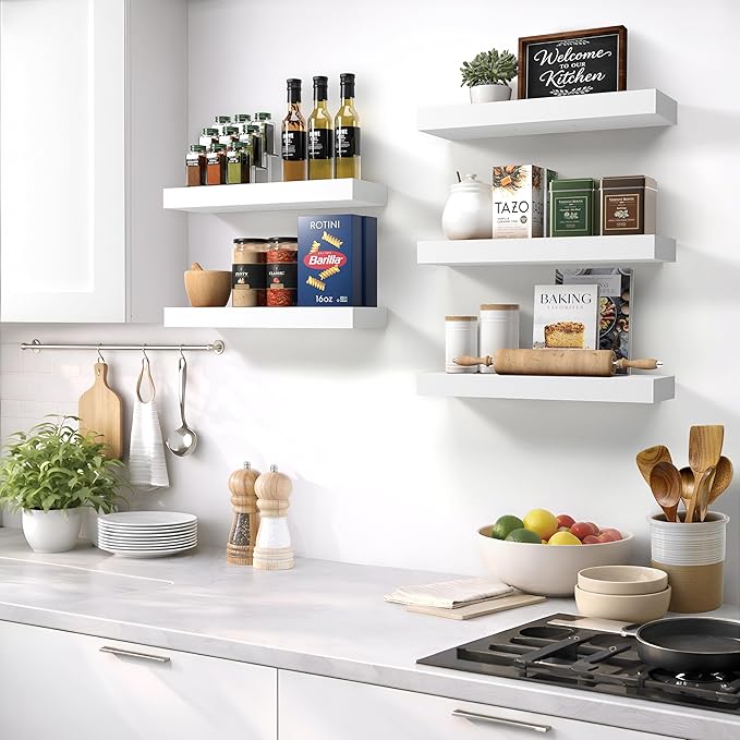 Sorbus Floating Shelves for Wall – 16 Inch Floating Shelf for Kitchen, Bedroom, Living Room, Bathroom, Home & Wall Decor - Mounted Bathroom Shelves with Invisible Brackets (White, 3 Pack)