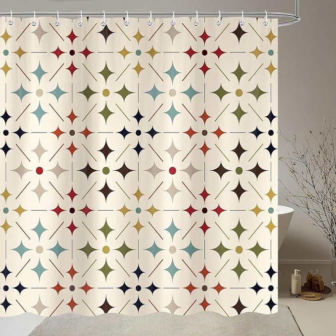 Mid Century Shower Curtain Vintage, Retro Modern Geometric Fabric Bathroom Decor, Colorful Abstract Aesthetic Art Boho Bath Curtain Set Decor with 12 Hooks 72x72 Inch