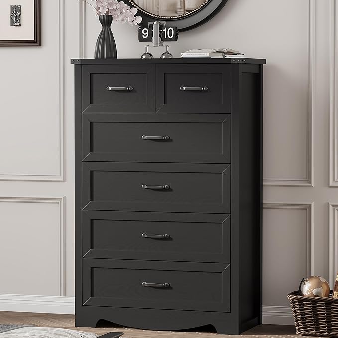 Dresser for Bedroom with 6 Drawers, 49" Tall Wood Chest of Drawers with Deep Drawers & Mental Handle, Modern Dresser TV Stand, Wooden Closet Storage Organizer for Living Room, Hallway, Entryway, Black