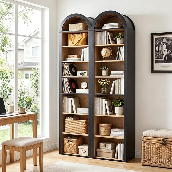 Turtle&Myrtle Tall Narrow Arched Bookshelf, 8-Tier Skinny Arch Bookcase for Small Space, Freestanding Storage Organizer with Adjustable Shelves, Open Display Shelves for Living Room, Entryway (Black)