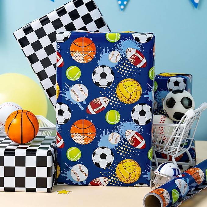 Burymento Ball Wrapping Paper, Reversible Checkerboard Grid Gift Wrap for Birthday, Valentines, Mothers day, Graduation, Wedding, Fathers day, Baby Shower, Christmas (17in x 16.4ft)