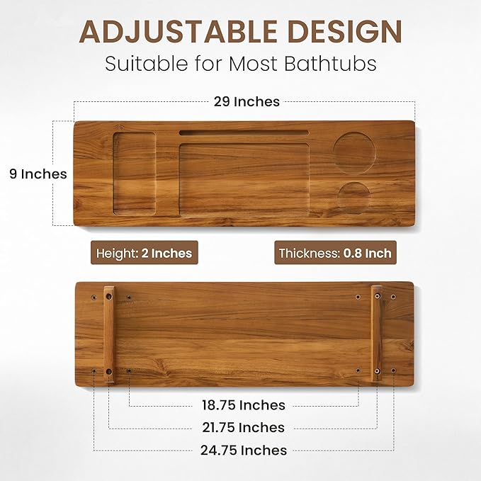 Teak Bathtub Tray - Wood Bath Caddy Tray 29" for Small Tubs - Adjustable Bathtub Table Trays - Luxury Shower Organizer for Home Spa Relaxation and Reading - Light Walnut Color