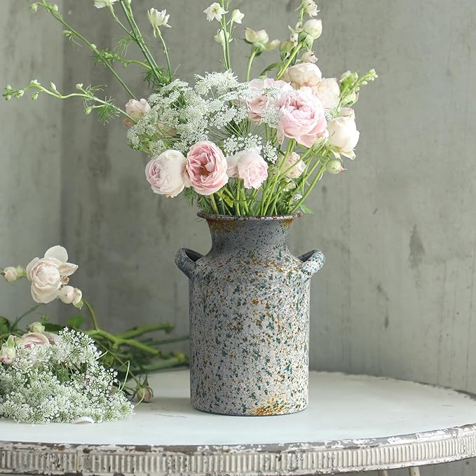Rustic Vintage Metal Flower Vase for Decor Milk Jug Small Vases for Flowers Kitchen Decorations, Cylindrical,Perfect for Kitchen, Dining Room, Living Room,Housewarming Gift,Green
