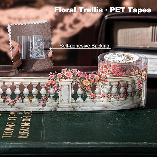 AuriicLeaf Floral Trellis PET Tape Set - 6 Rolls of Seamless Vintage Balcony & Vine Designs with 1 Metal Clip, Self-Adhesive Waterproof Decorative Tapes for Scrapbook Journal and DIY Décor