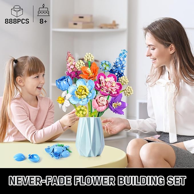 Flower Bouquet Building Set, 888 PCS Botanical Collection Building Block Toy, Flowers Rose Plant Home Decor, Valentine's Day Christmas Birthday Gift for Adults Women Boys Girls 8+