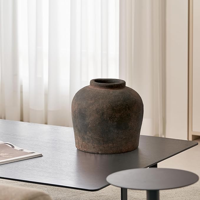 LB2 Brown Ceramic Large Vase, 11" Tall Zen Style vase, Terra Cotta Pitcher, Distressed Farmhouse Decor, Pottery Decorative Flower for Home Decor (B - Brown 11")