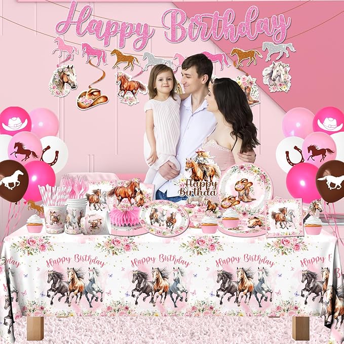 Horse Birthday Decorations for Girls,199pcs Cowgirl Birthday Party Decorations Horse Party Plates Napkins Cups Balloons Tablecloth Cake Toppers Honeycomb for Horse Party Decorations,Serve 24