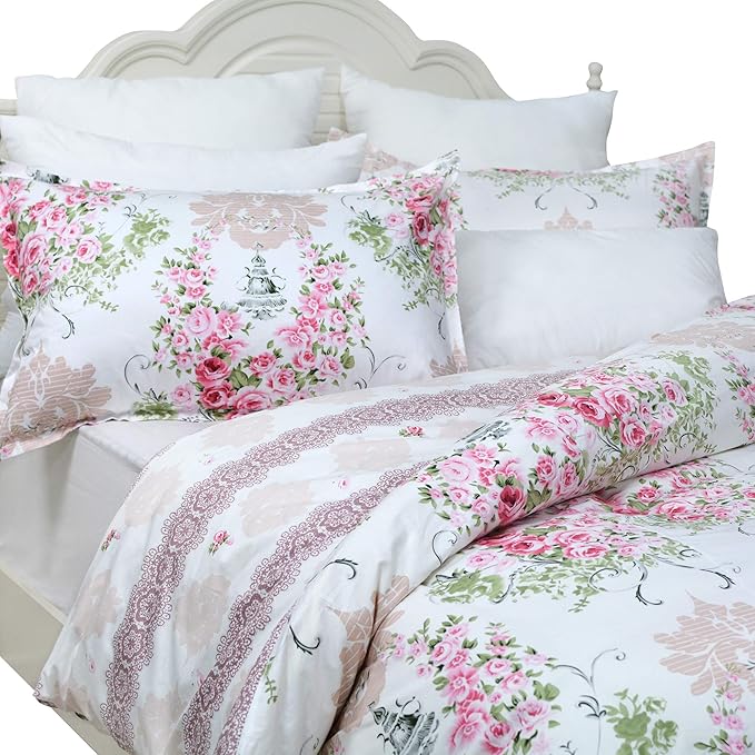FADFAY Pink Rose Floral Duvet Cover Set 100% Cotton Girls Bedding with Hidden Zipper Closure 3 Pieces, 1duvet Cover & 2pillowcases,King/California King Size