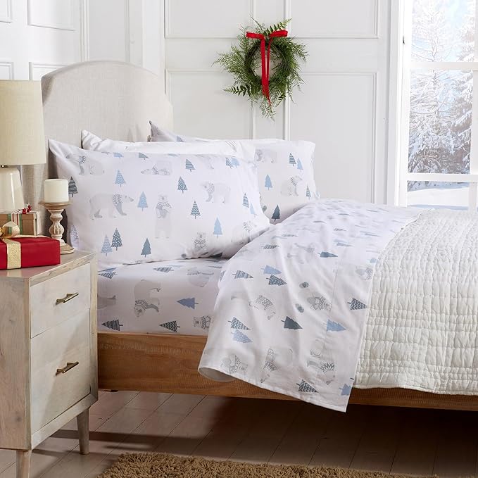 Market & Place 100% Turkish Cotton Flannel Sheet Set | 4 Piece Deep Pocket Novelty Cozy Winter Bed Sheets | Double Brushed for Extra Softness & Comfort | Alpine Collection (Queen, Polar Bears)