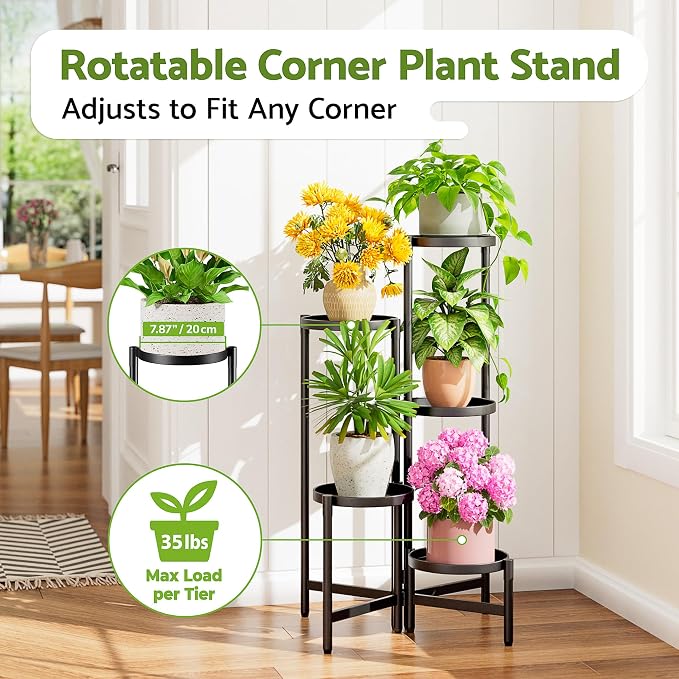 Tall Plant Stand Indoor Outdoor, Corner Metal Flower Pot Stands for Multiple Plants, 5 Tier Heavy Duty Plant Shelf for Patio Garden Balcony Living Room Bedroom - BlackDisk