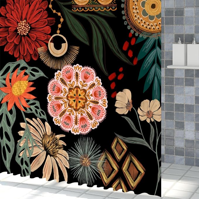 Black Boho Floral Shower Curtain Abstract Botanical Mid Century Modern Bathroom Decor Tropical Flower Shower Curtain with 12 Hooks,72x108 inches