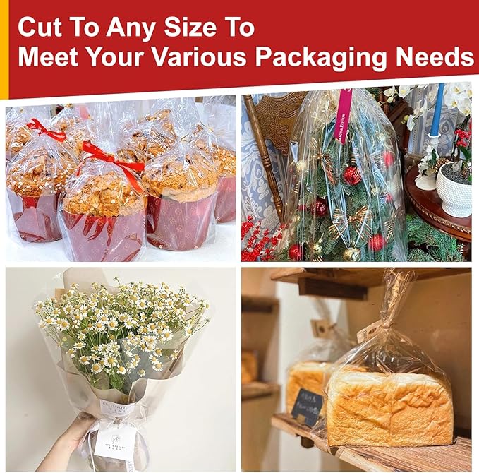 Mauproy 34 In x 100 Ft Clear Cellophane Wrap Roll, Extra Wide, 2.5 Mil Thick Transparent Plastic Gift Wrapping Paper for Gift Baskets, Flower Bouquets, Gifts, Treats (34” Fold into 17”)
