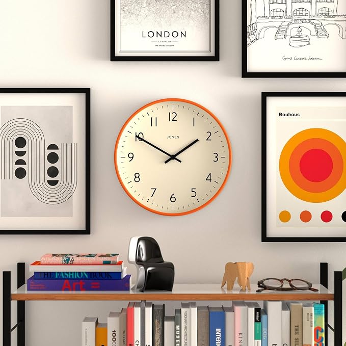 JONES CLOCKS® Studio wall Clock | Modern Round Style | 12 inch | Orange | Easy to Read Numbers | Versatile Design for Kitchen, Living Room or Office