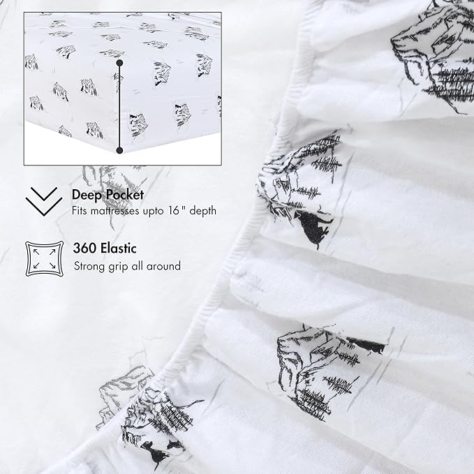RUVANTI Flannel Sheets Queen Size - 100% Cotton Double Brushed Bed Sheets, Deep Pockets 16 Inches Queen Sheet Set, All Seasons Breathable & Extra Soft - Warm & Cozy, 4 Piece, Soul Dog White